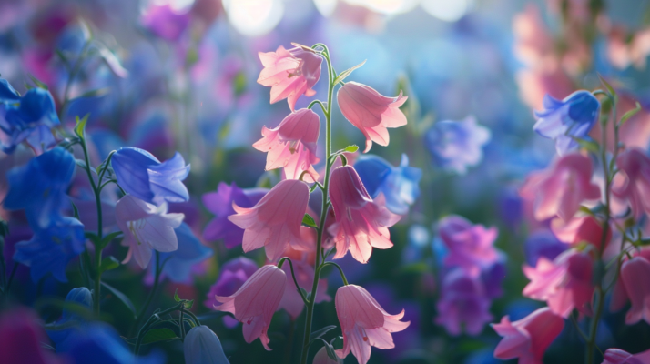 Canterbury Bells with deep violet and soft lavender bell-shaped flowers, adding a whimsical touch to an indoor space.